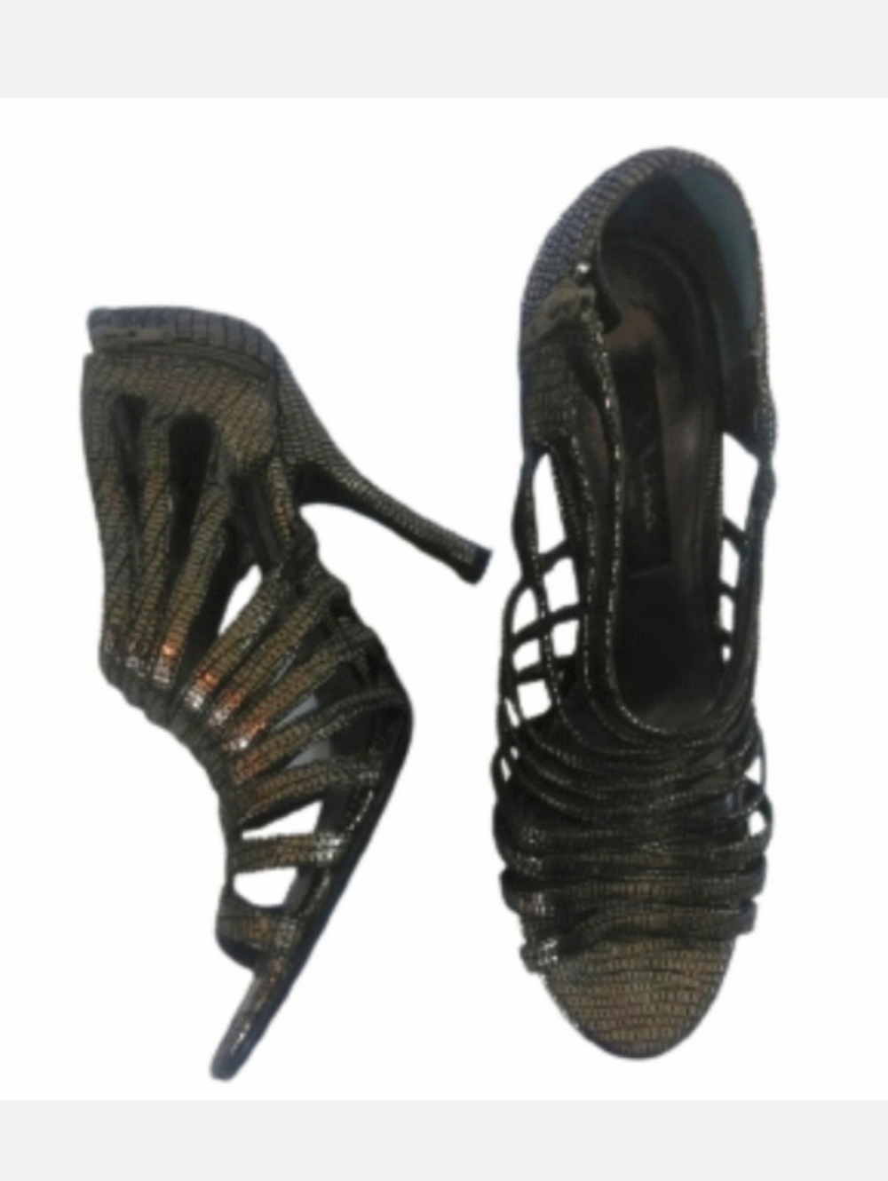Nina Genuine Leather Metallic Reptile Stiletto Strappy Open Toe High Heel Shoes